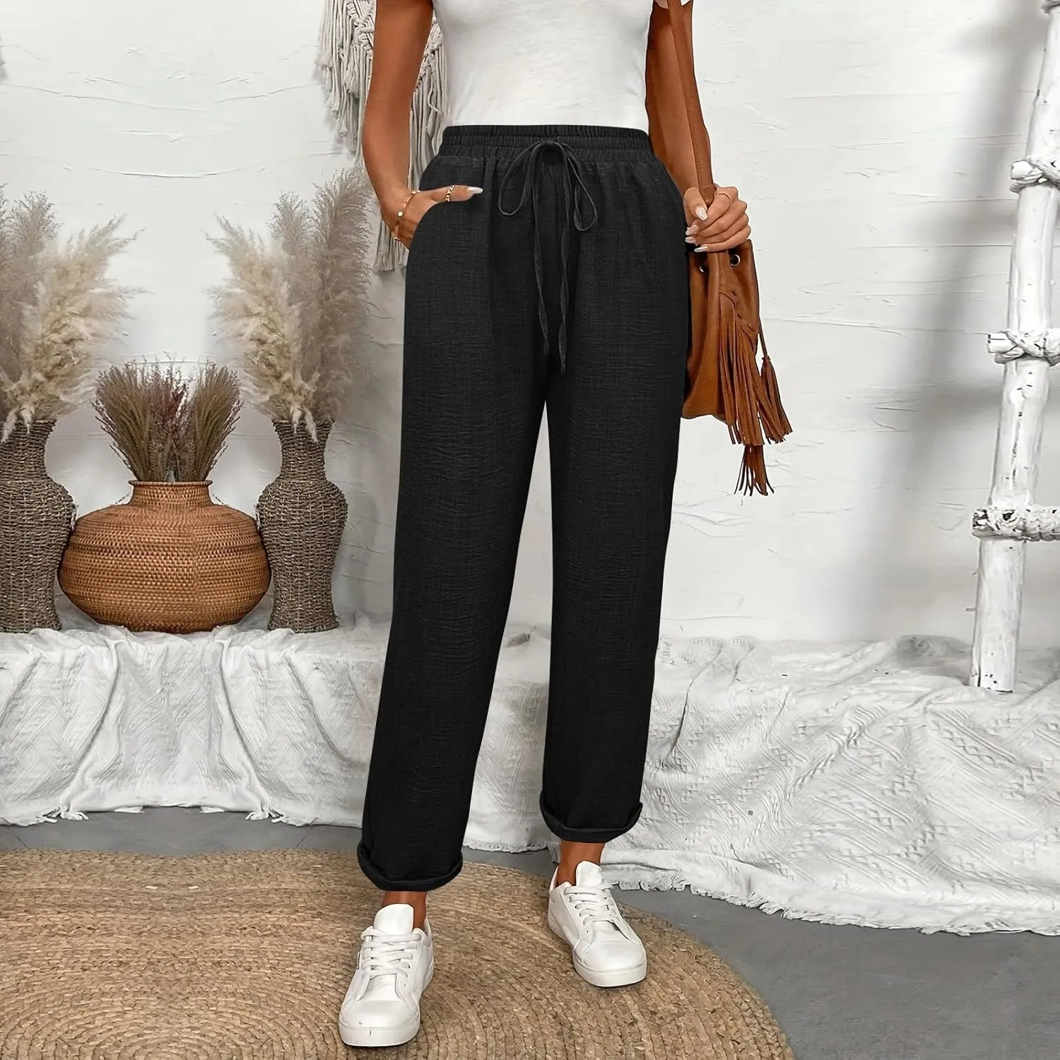 Linen Pants Women Summer Drawstring Elastic High Waisted Pants Tapered Wide Leg Pant Cropped Lounge Pant