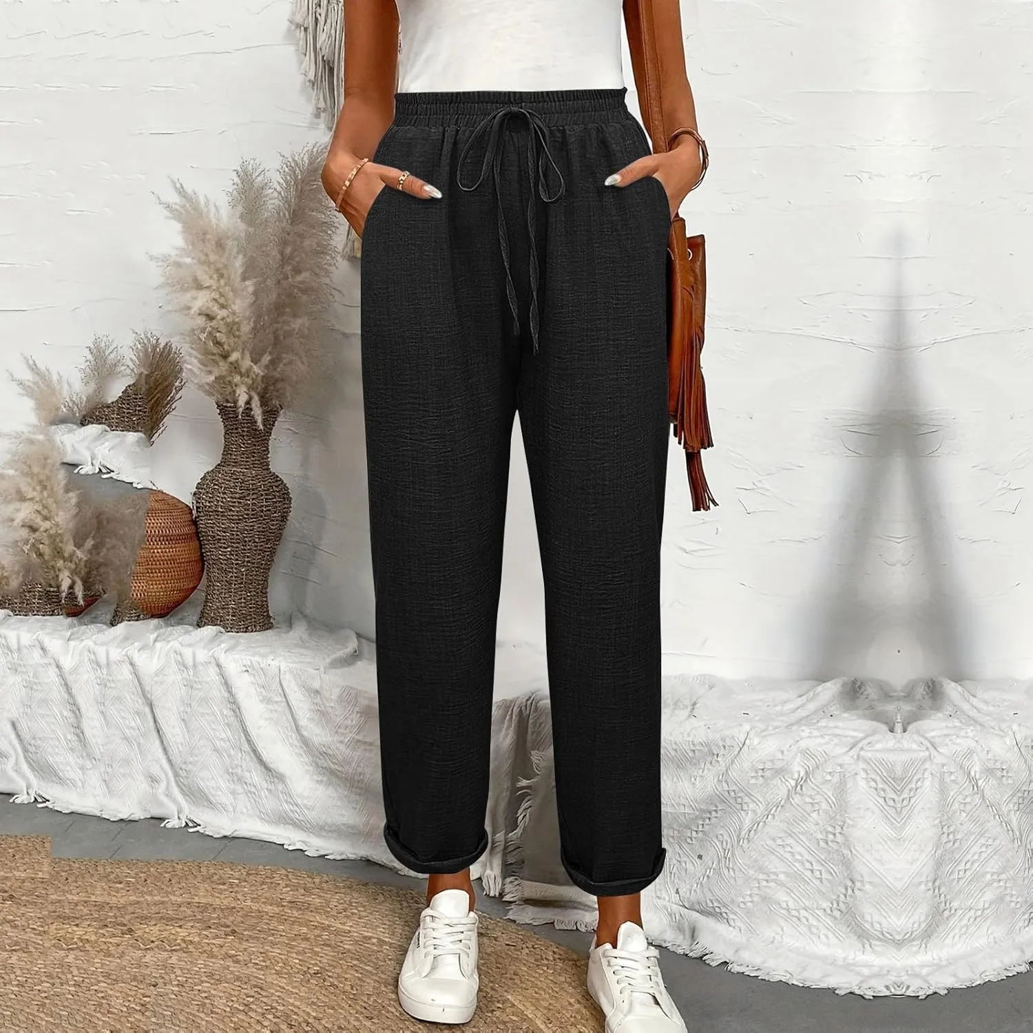 Linen Pants Women Summer Drawstring Elastic High Waisted Pants Tapered Wide Leg Pant Cropped Lounge Pant