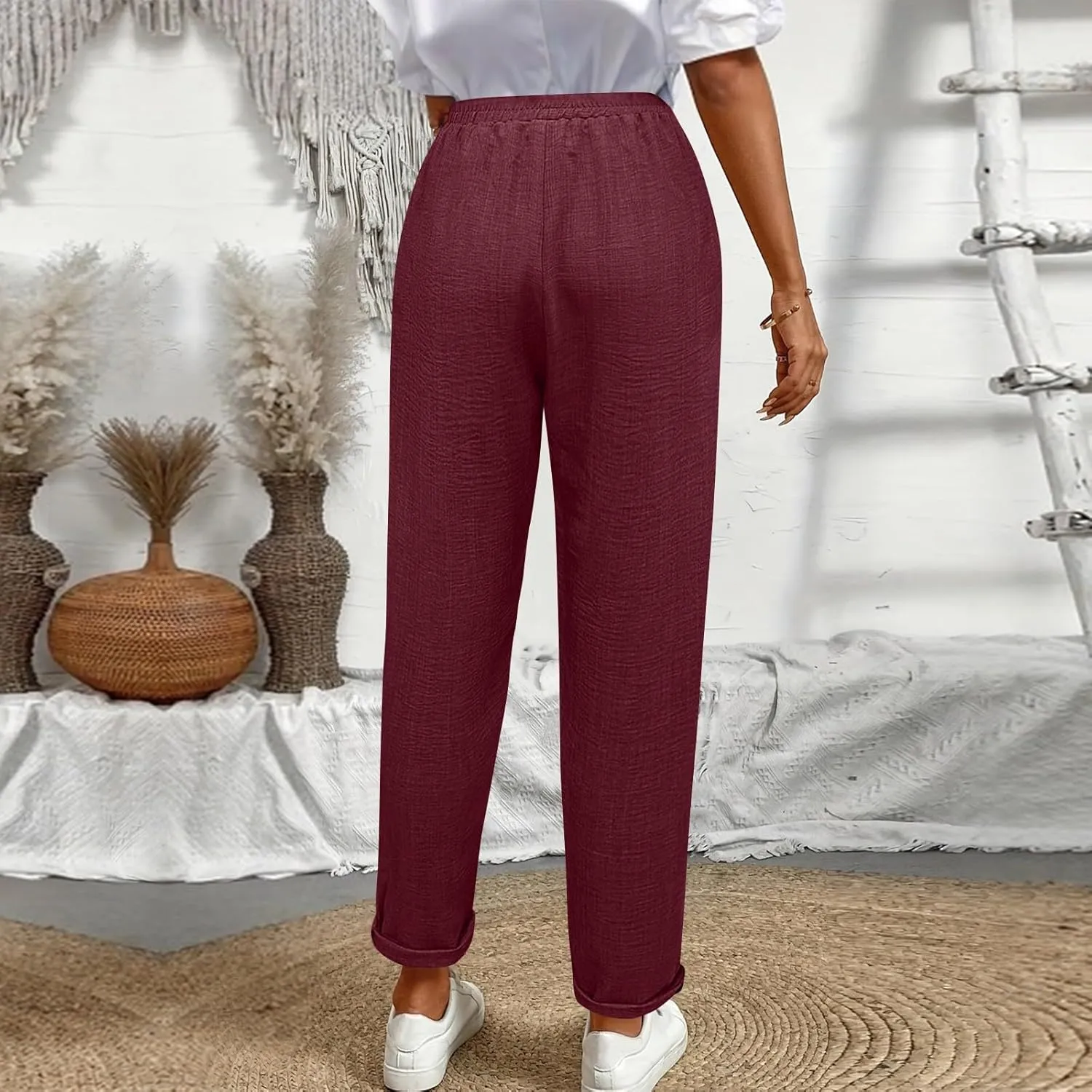 Linen Pants Women Summer Drawstring Elastic High Waisted Pants Tapered Wide Leg Pant Cropped Lounge Pant