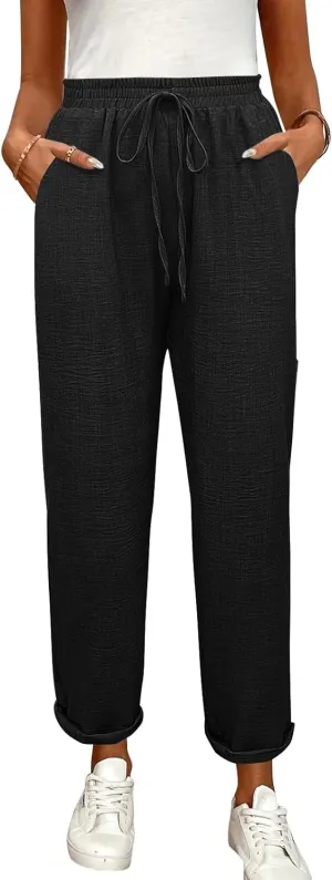Linen Pants Women Summer Drawstring Elastic High Waisted Pants Tapered Wide Leg Pant Cropped Lounge Pant