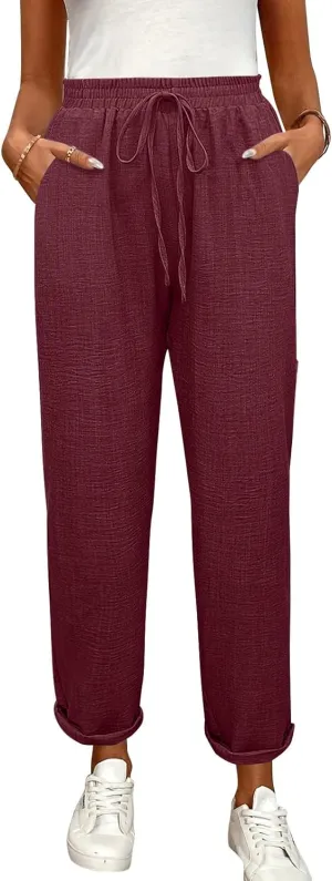 Linen Pants Women Summer Drawstring Elastic High Waisted Pants Tapered Wide Leg Pant Cropped Lounge Pant
