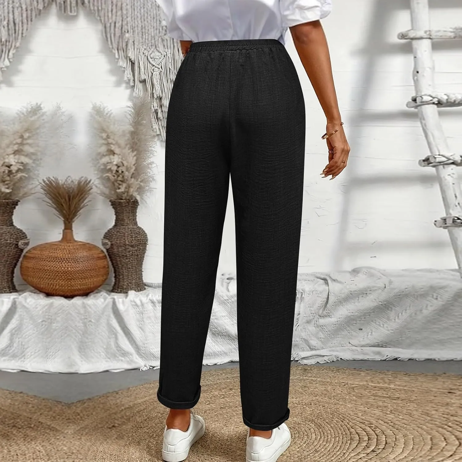 Linen Pants Women Summer Drawstring Elastic High Waisted Pants Tapered Wide Leg Pant Cropped Lounge Pant