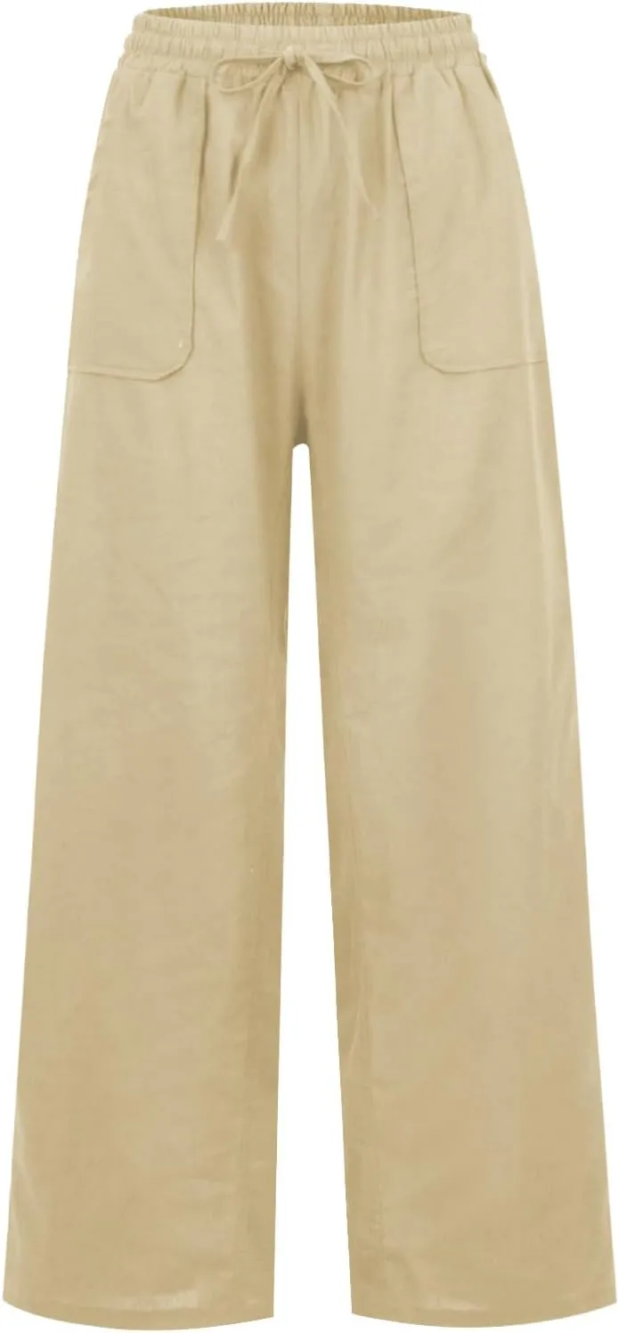 Linen Pants Women Summer Elastic High Waisted Wide Leg Pants Drawstring Lightweight Summer Pants Boho Beach Trousers