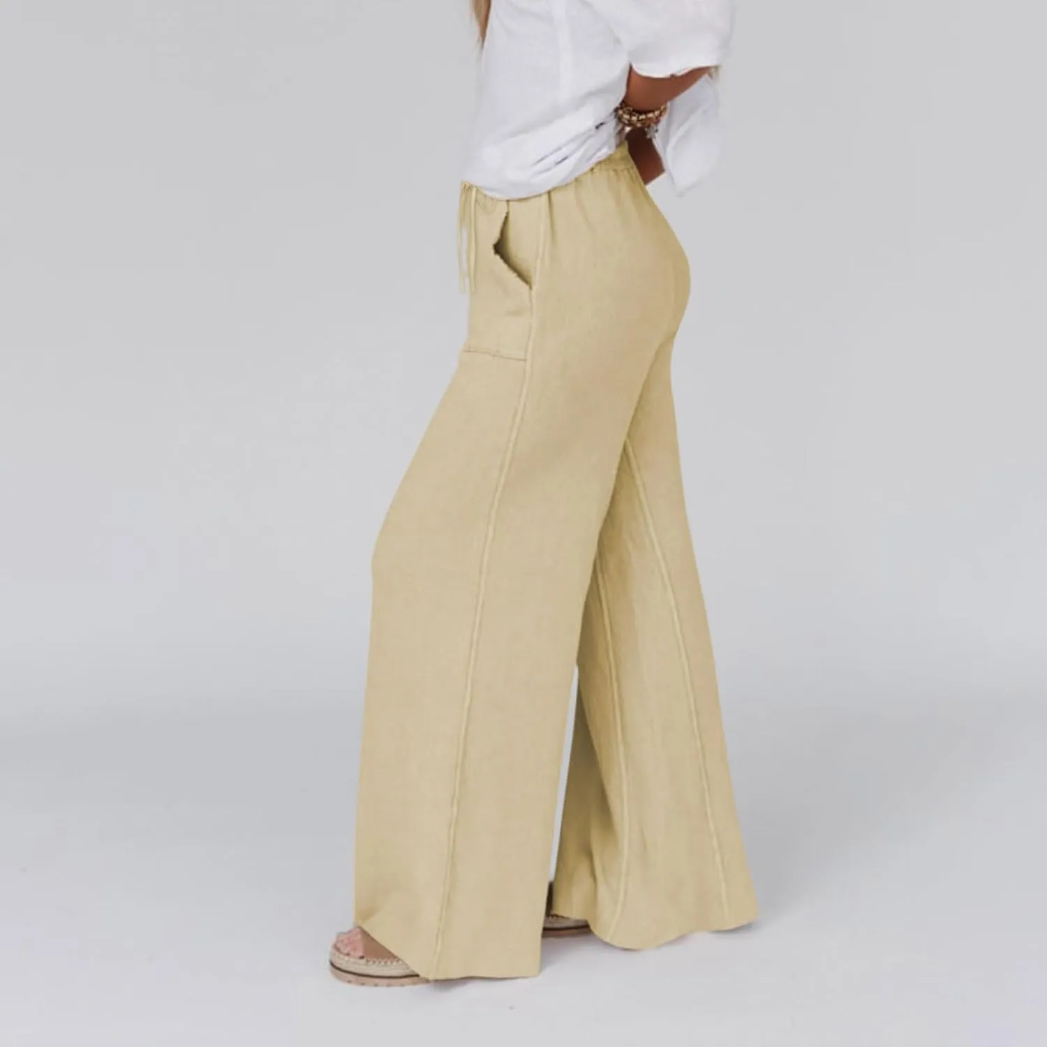Linen Pants Women Summer Elastic High Waisted Wide Leg Pants Drawstring Lightweight Summer Pants Boho Beach Trousers