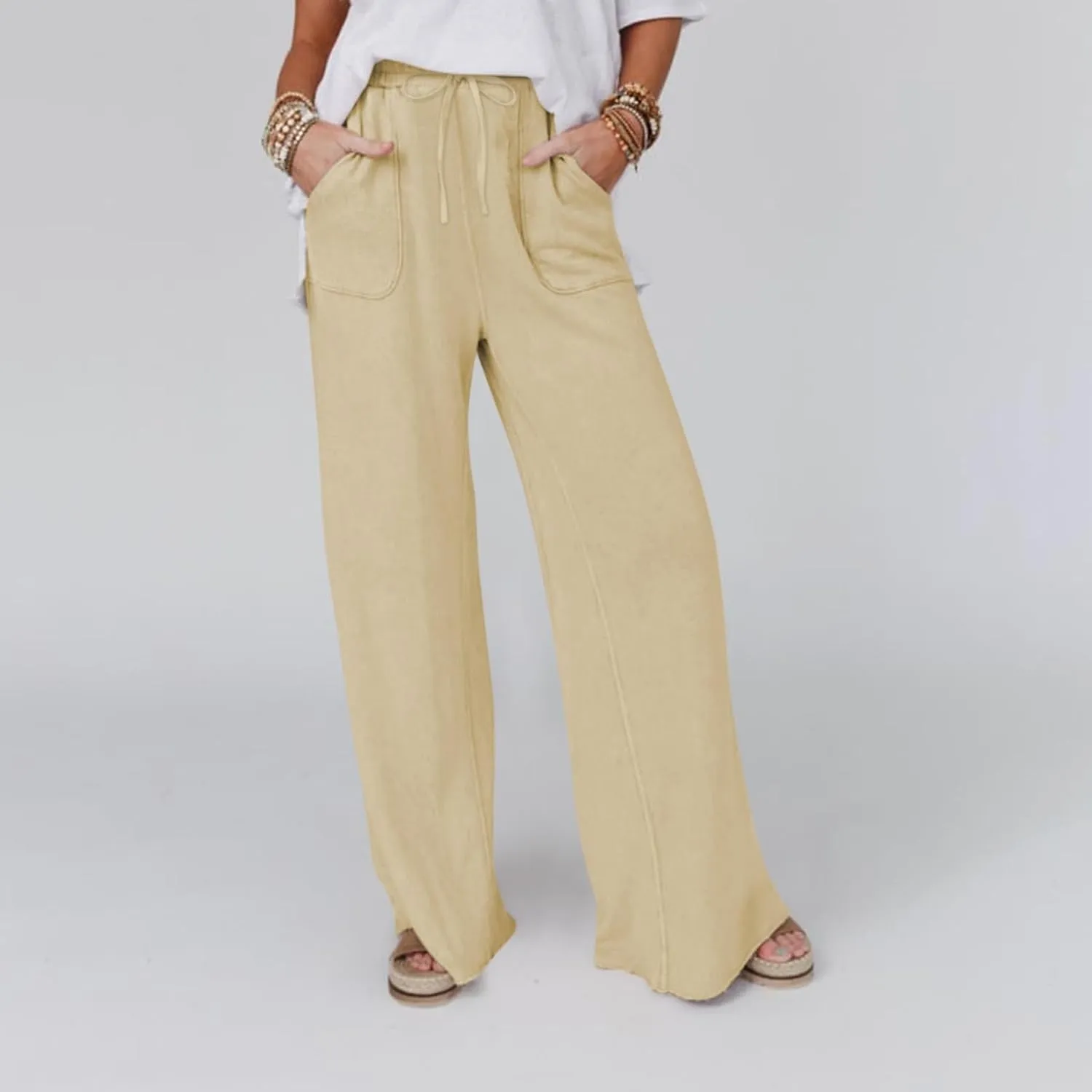 Linen Pants Women Summer Elastic High Waisted Wide Leg Pants Drawstring Lightweight Summer Pants Boho Beach Trousers