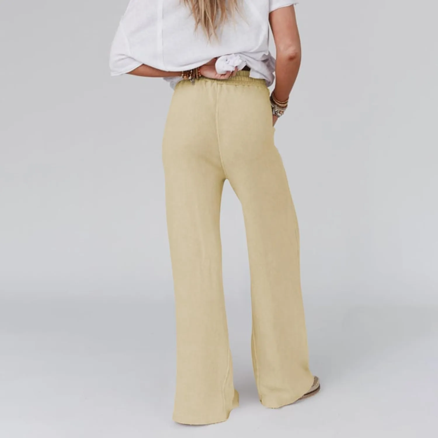 Linen Pants Women Summer Elastic High Waisted Wide Leg Pants Drawstring Lightweight Summer Pants Boho Beach Trousers