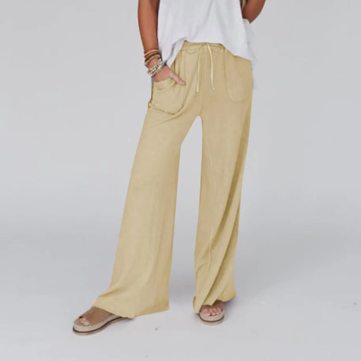 Linen Pants Women Summer Elastic High Waisted Wide Leg Pants Drawstring Lightweight Summer Pants Boho Beach Trousers