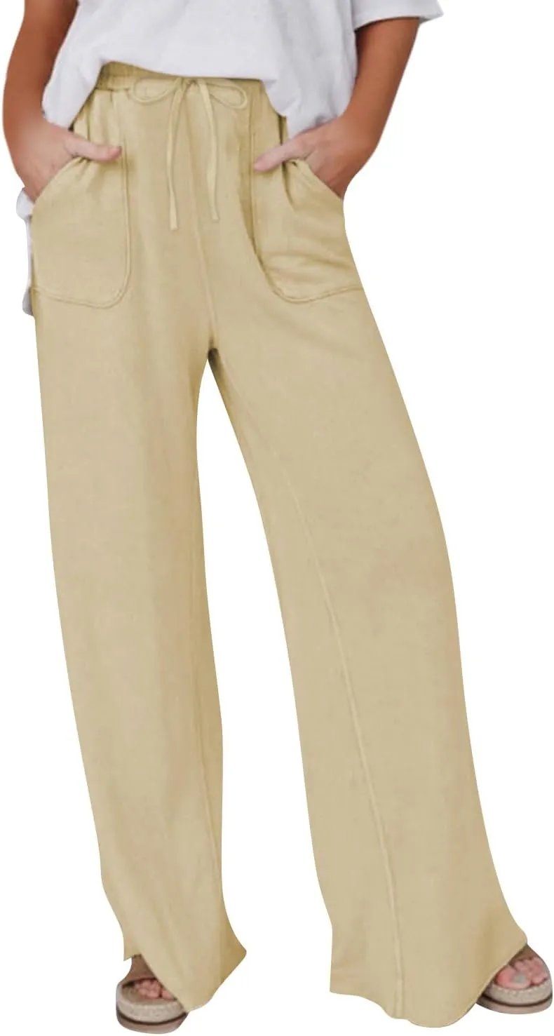 Linen Pants Women Summer Elastic High Waisted Wide Leg Pants Drawstring Lightweight Summer Pants Boho Beach Trousers