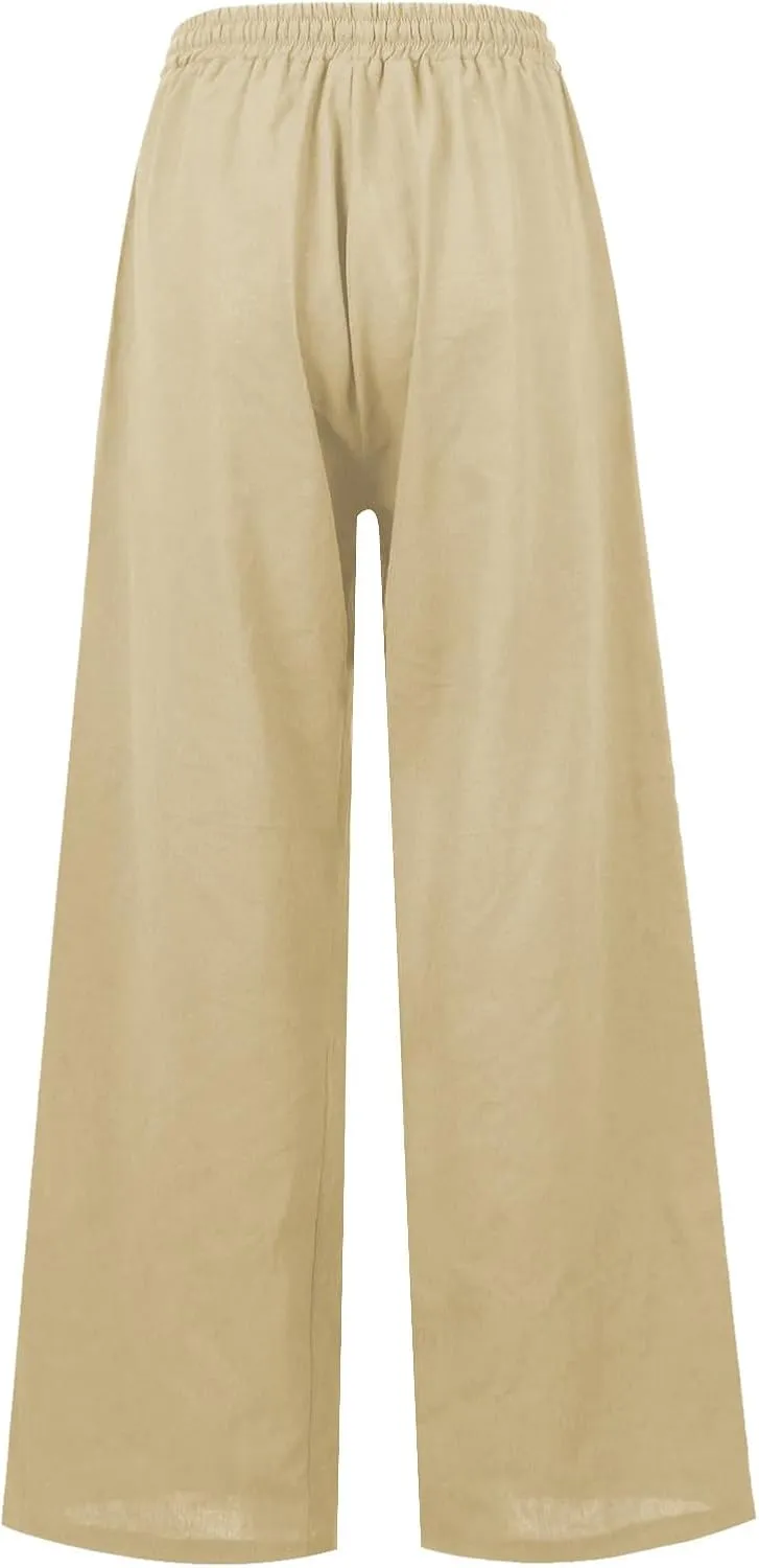 Linen Pants Women Summer Elastic High Waisted Wide Leg Pants Drawstring Lightweight Summer Pants Boho Beach Trousers