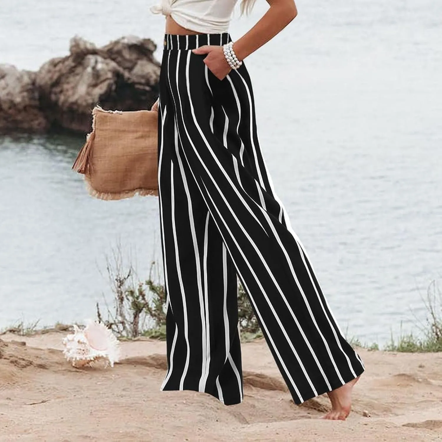 Linen Striped Pants Women Button Up Wide Leg Linen Pants Women Summer Casual Vintage Palazzo Pants with Pockets
