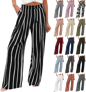 Linen Striped Pants Women Button Up Wide Leg Linen Pants Women Summer Casual Vintage Palazzo Pants with Pockets