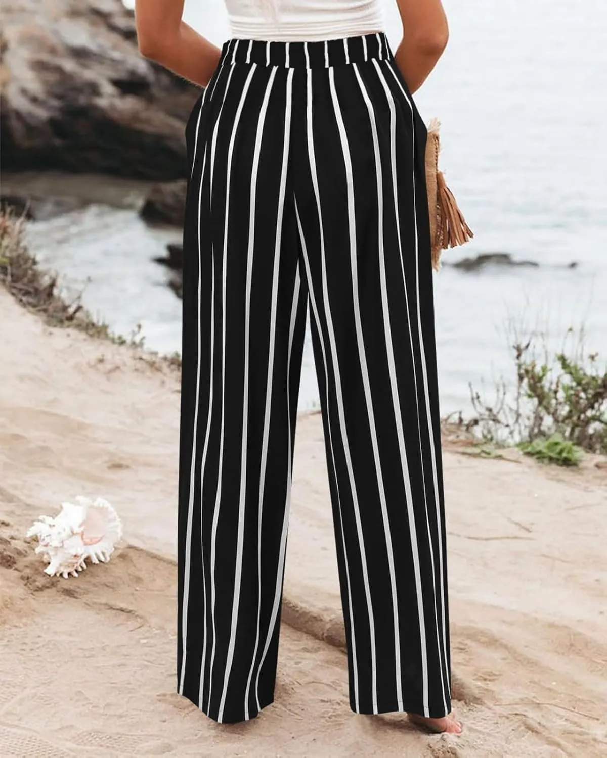 Linen Striped Pants Women Button Up Wide Leg Linen Pants Women Summer Casual Vintage Palazzo Pants with Pockets