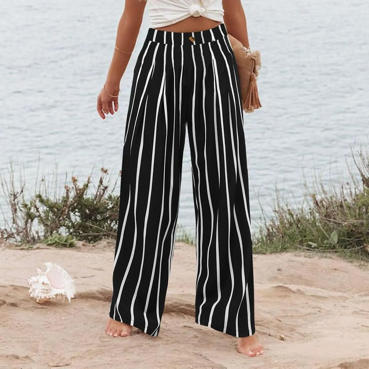 Linen Striped Pants Women Button Up Wide Leg Linen Pants Women Summer Casual Vintage Palazzo Pants with Pockets