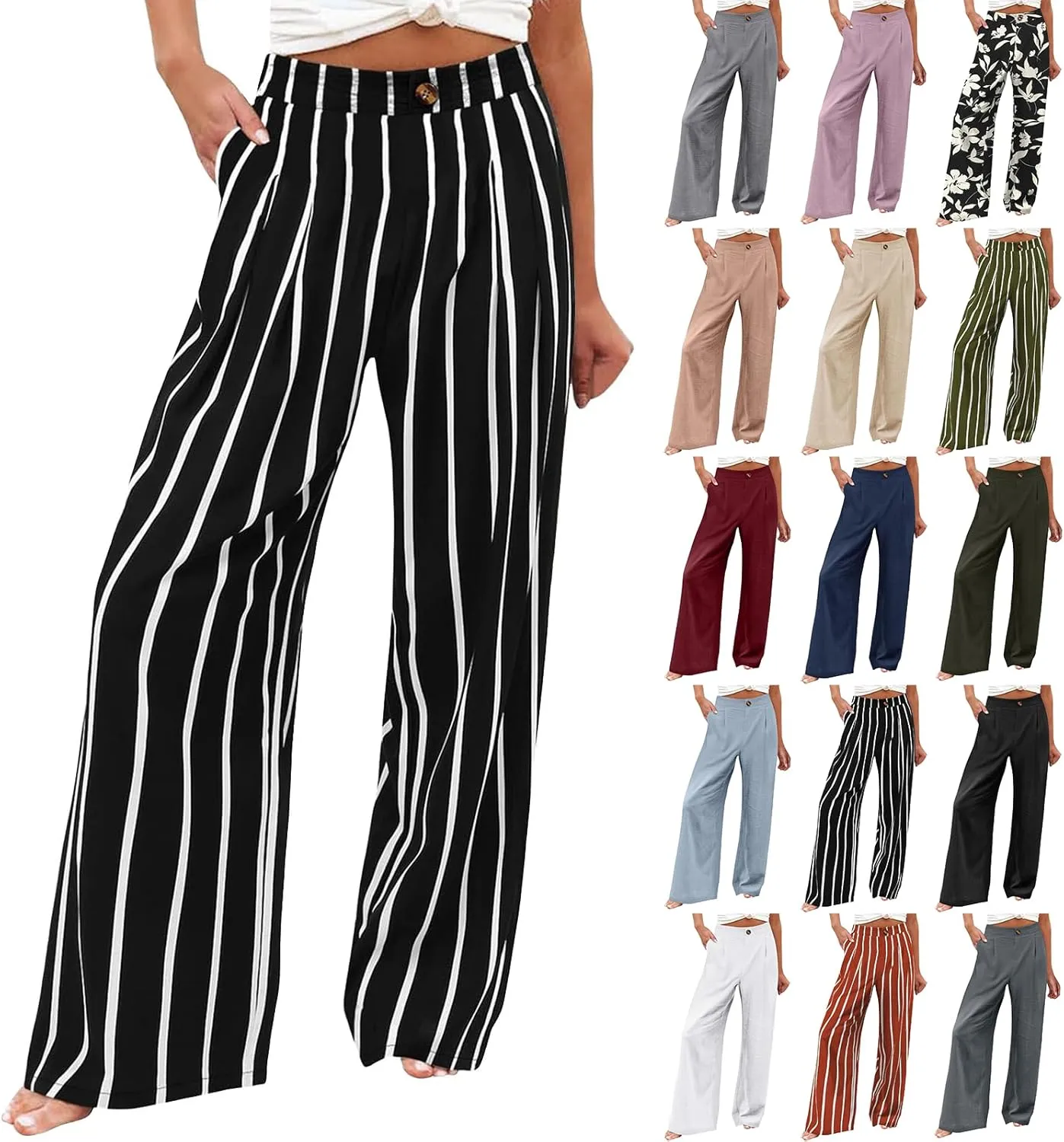 Linen Striped Pants Women Button Up Wide Leg Linen Pants Women Summer Casual Vintage Palazzo Pants with Pockets