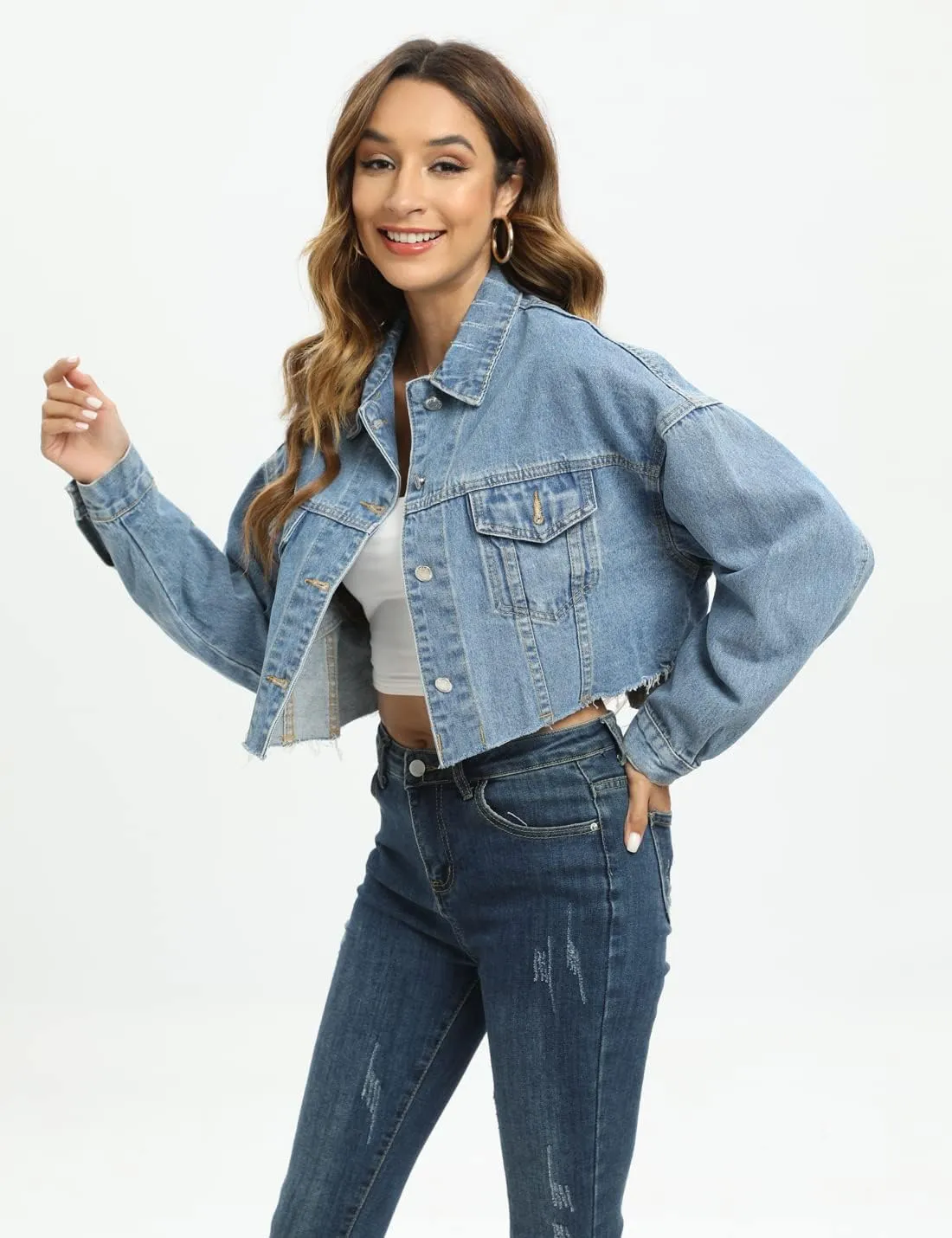 Locachy Women's Cropped Ripped Distressed Denim Jacket Casual Button Down Loose Jeans Coat Fringe with Frayed Hem