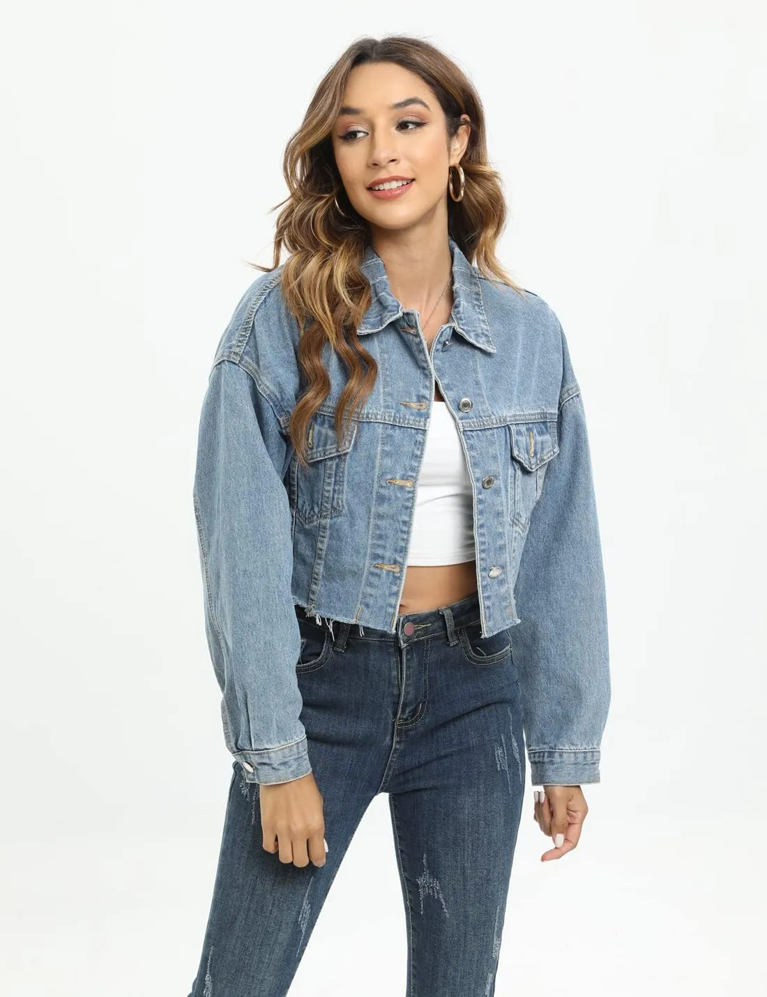 Locachy Women's Cropped Ripped Distressed Denim Jacket Casual Button Down Loose Jeans Coat Fringe with Frayed Hem