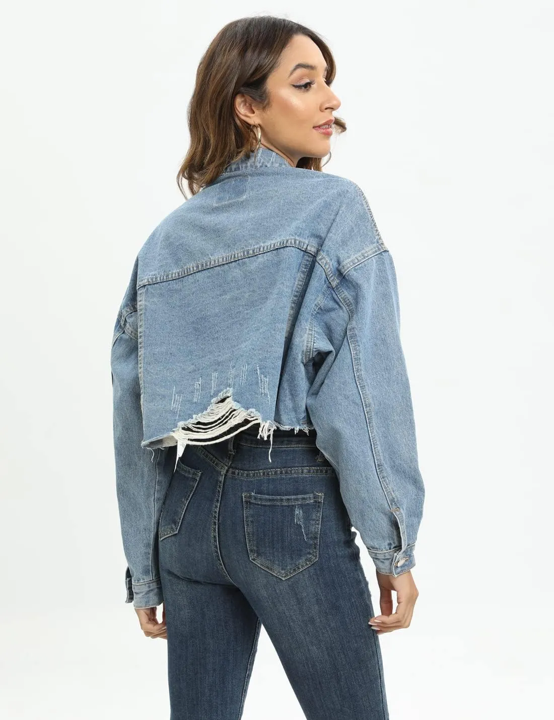 Locachy Women's Cropped Ripped Distressed Denim Jacket Casual Button Down Loose Jeans Coat Fringe with Frayed Hem