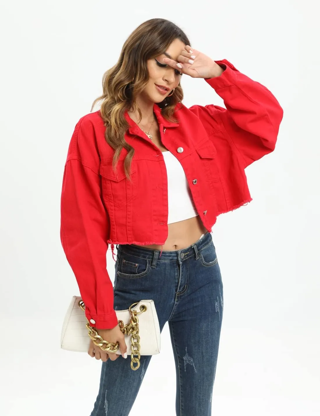 Locachy Women's Cropped Ripped Distressed Denim Jacket Casual Button Down Loose Jeans Coat Fringe with Frayed Hem