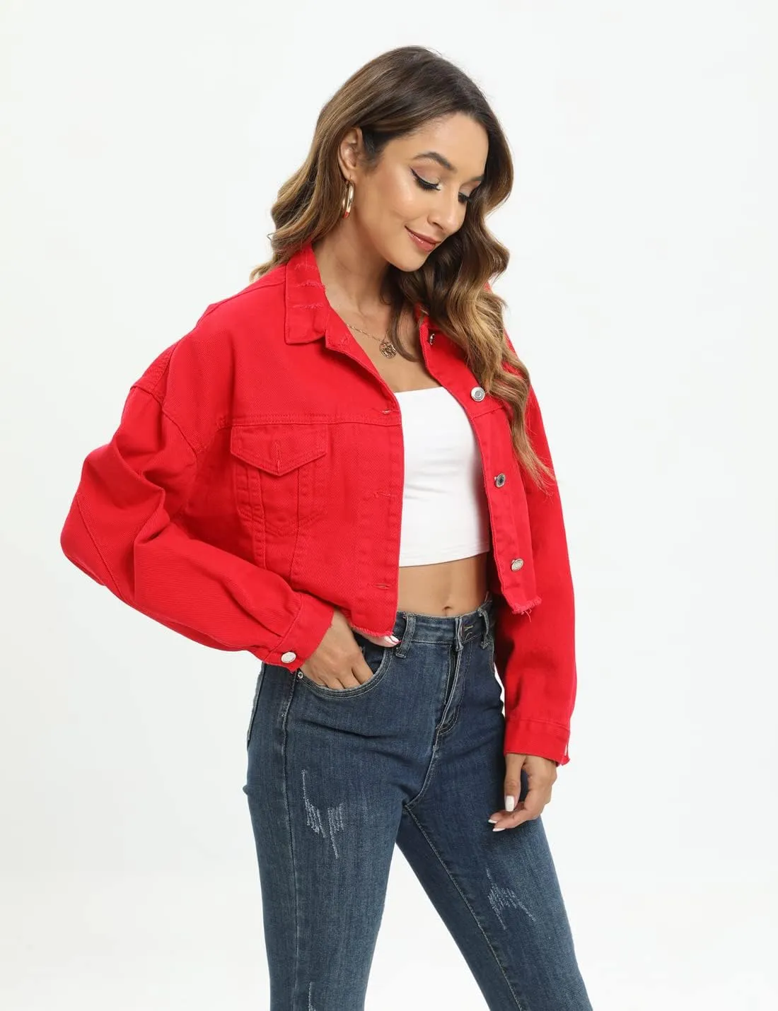 Locachy Women's Cropped Ripped Distressed Denim Jacket Casual Button Down Loose Jeans Coat Fringe with Frayed Hem