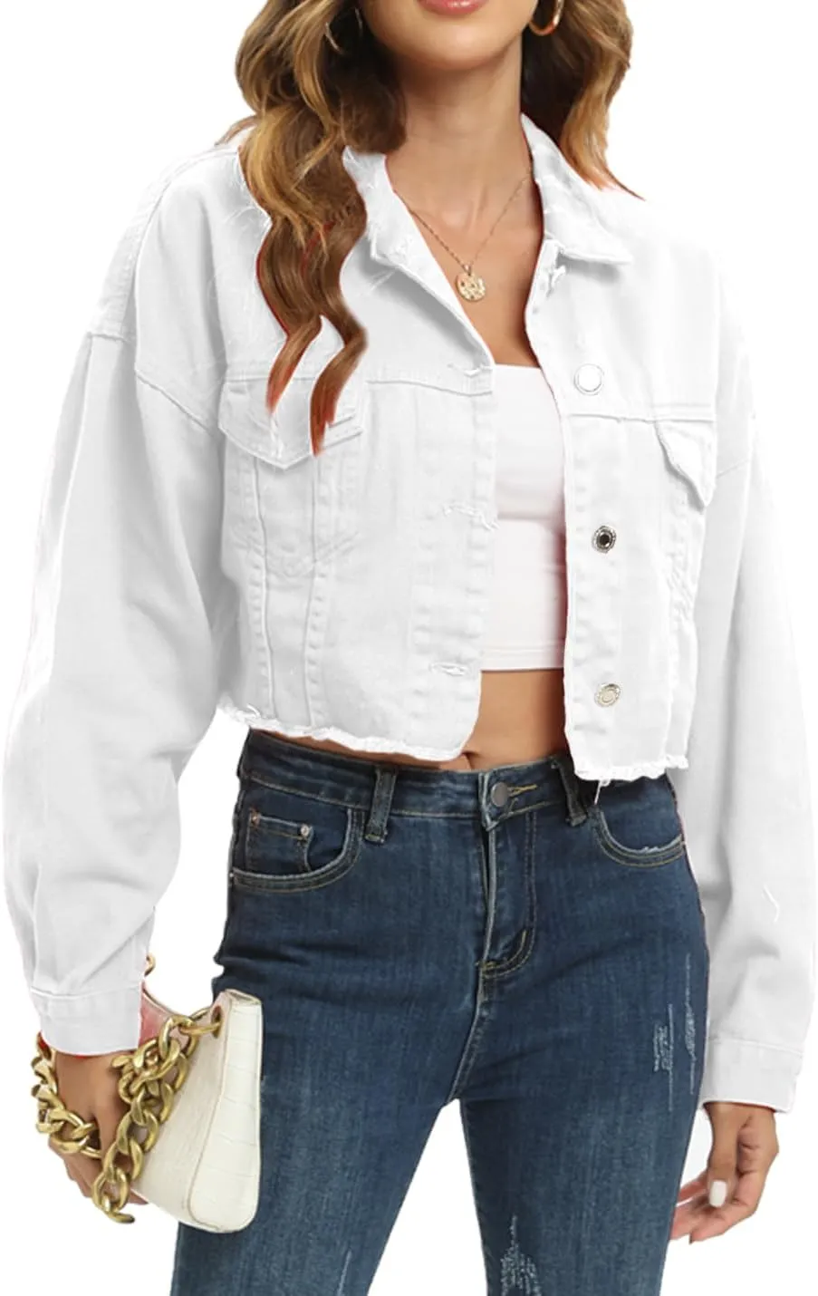 Locachy Women's Cropped Ripped Distressed Denim Jacket Casual Button Down Loose Jeans Coat Fringe with Frayed Hem