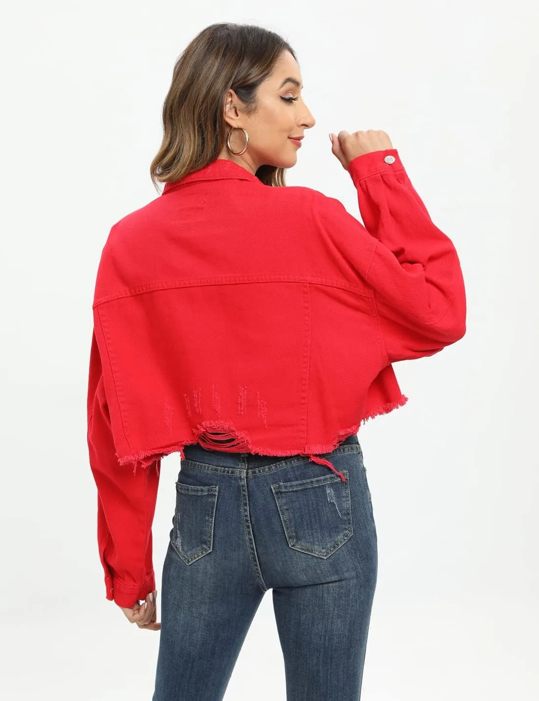 Locachy Women's Cropped Ripped Distressed Denim Jacket Casual Button Down Loose Jeans Coat Fringe with Frayed Hem