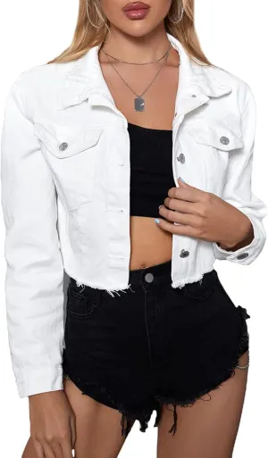 Locachy Women's Cropped Ripped Distressed Denim Jacket Casual Button Down Loose Jeans Coat Fringe with Frayed Hem