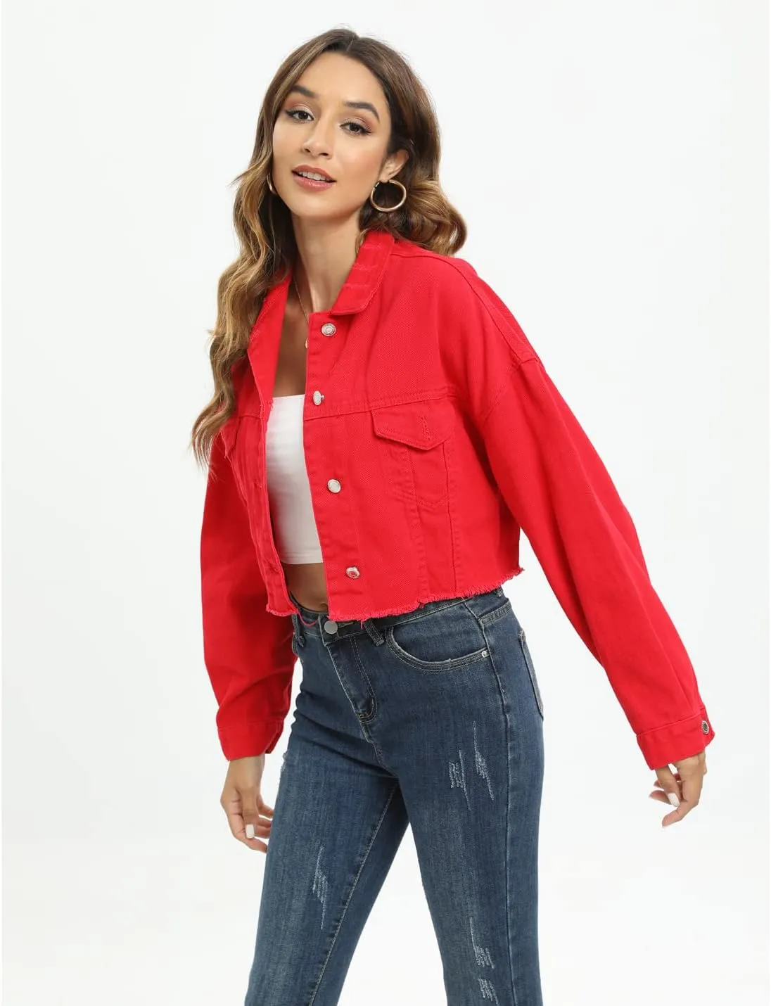 Locachy Women's Cropped Ripped Distressed Denim Jacket Casual Button Down Loose Jeans Coat Fringe with Frayed Hem
