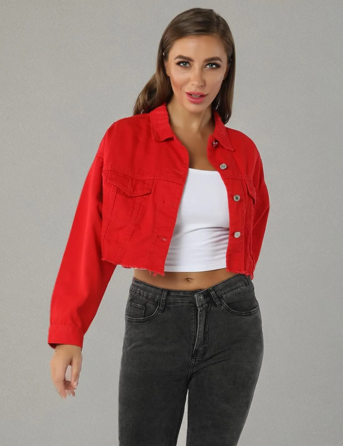 Locachy Women's Cropped Ripped Distressed Denim Jacket Casual Button Down Loose Jeans Coat Fringe with Frayed Hem