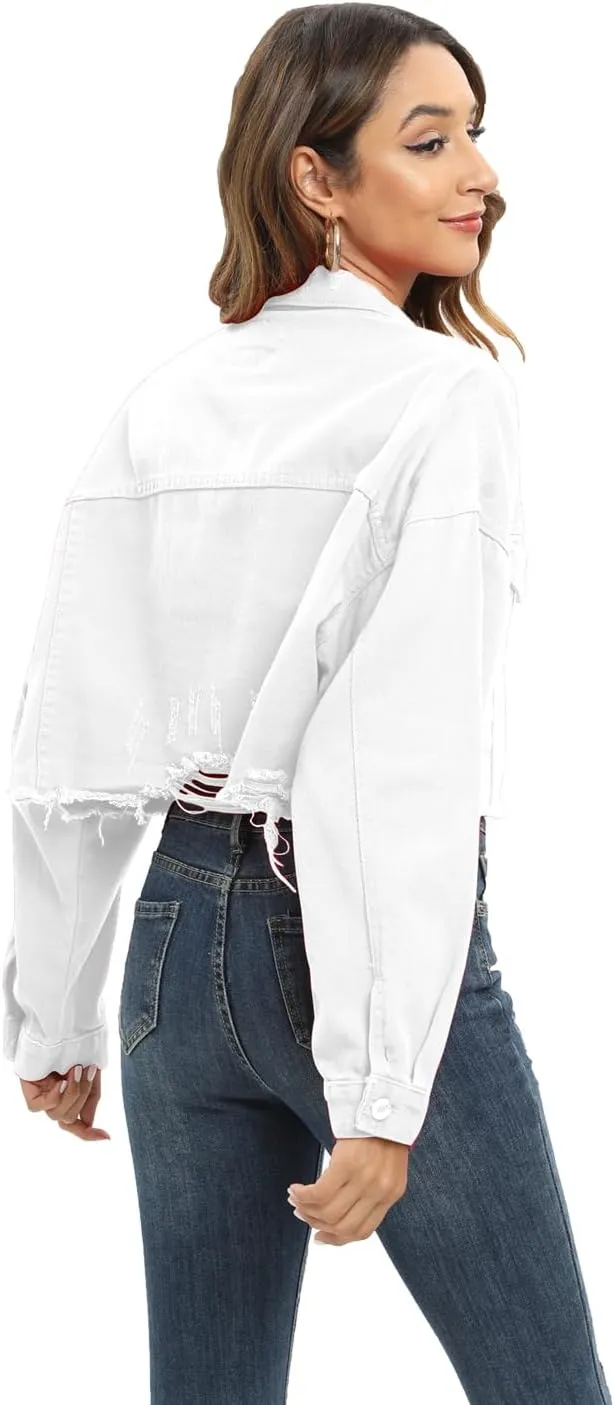 Locachy Women's Cropped Ripped Distressed Denim Jacket Casual Button Down Loose Jeans Coat Fringe with Frayed Hem