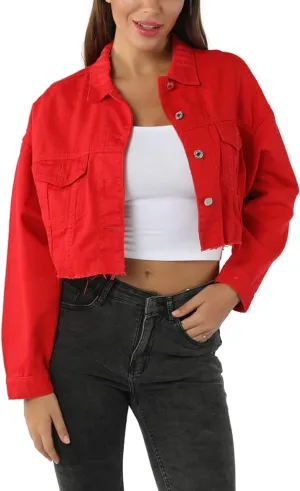 Locachy Women's Cropped Ripped Distressed Denim Jacket Casual Button Down Loose Jeans Coat Fringe with Frayed Hem