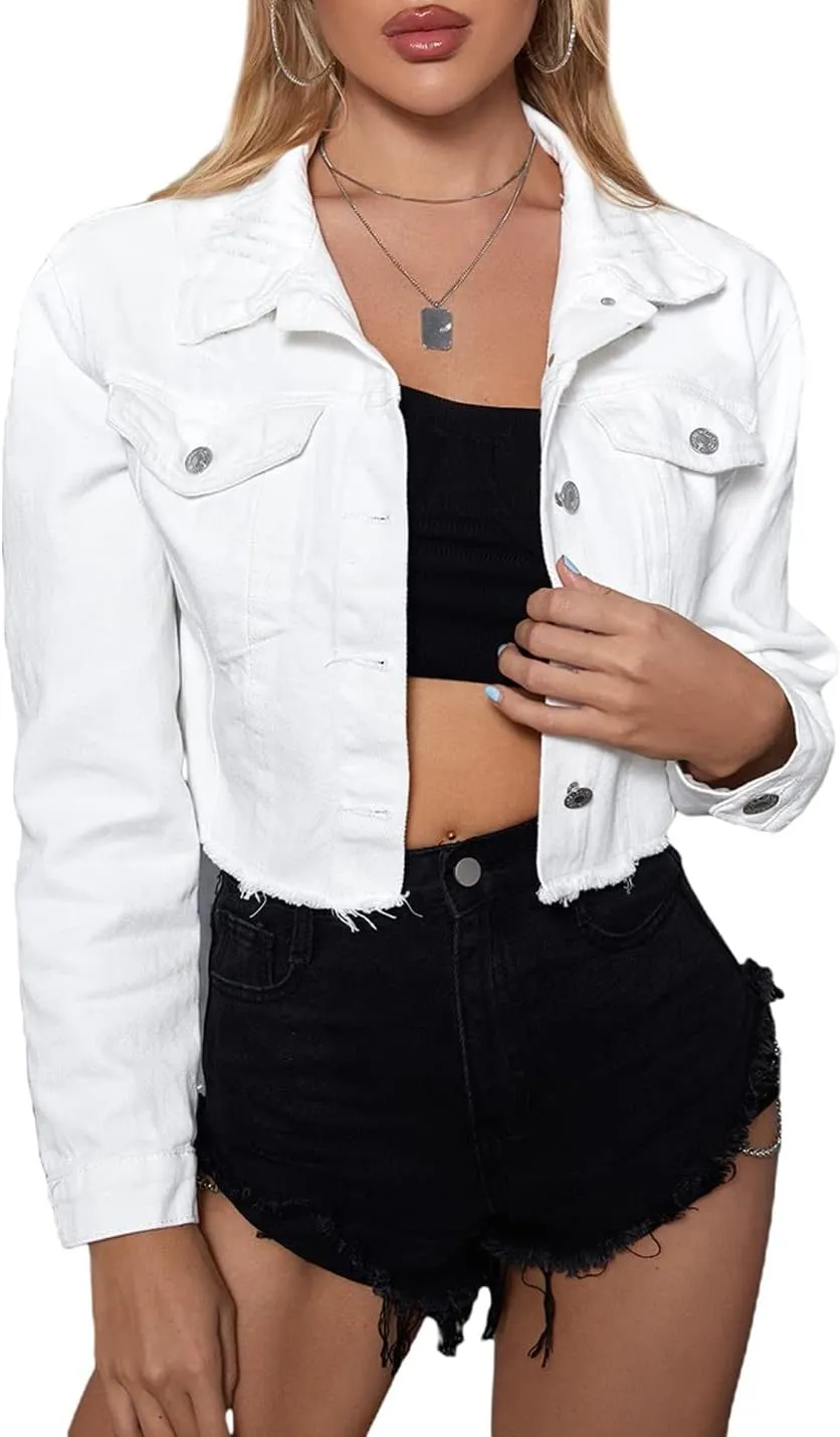 Locachy Women's Cropped Ripped Distressed Denim Jacket Casual Button Down Loose Jeans Coat Fringe with Frayed Hem
