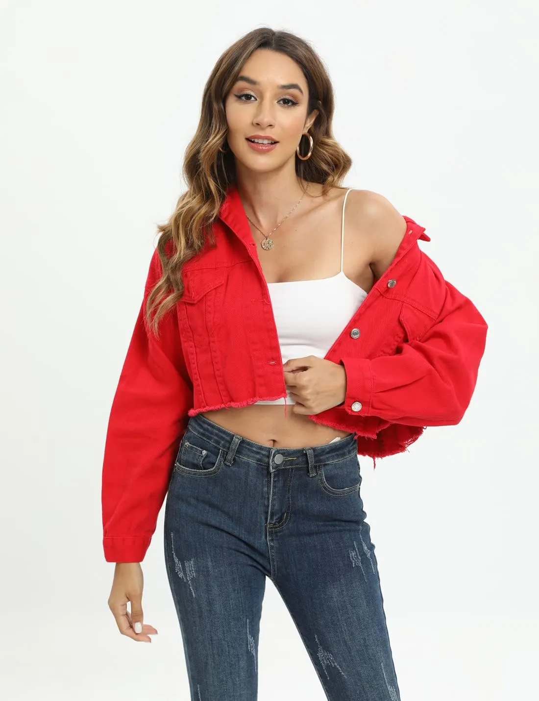 Locachy Women's Cropped Ripped Distressed Denim Jacket Casual Button Down Loose Jeans Coat Fringe with Frayed Hem