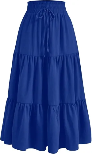 Long Skirts for Women Trendy Ruffle Floral Print Tiered Flowy Boho Skirts Comfy Drawstring Wrap Skirts
