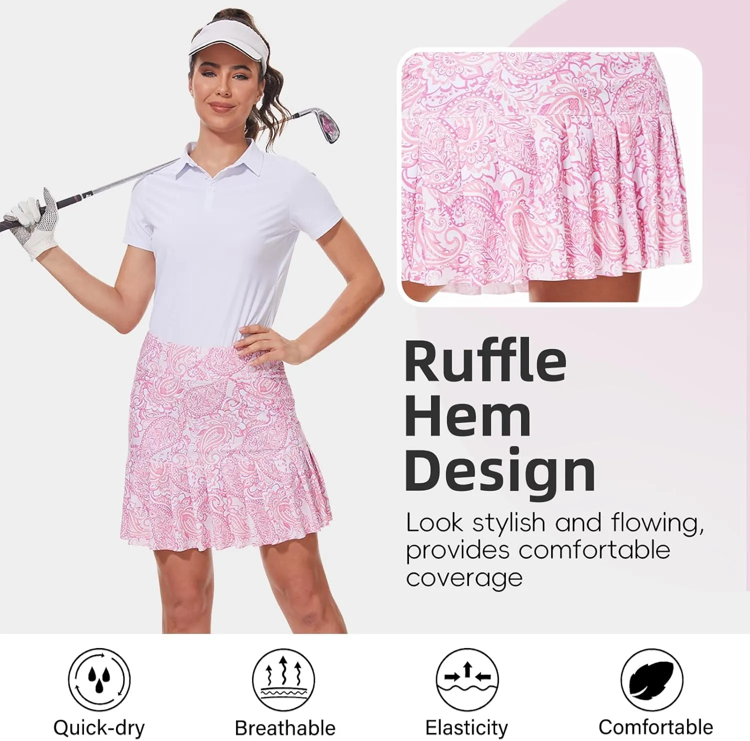 M MOTEEPI 19" Golf Skirts for Women Knee Length Ruffle Hem Skirt Tennis Skirt Athletic Skort for Workout Running