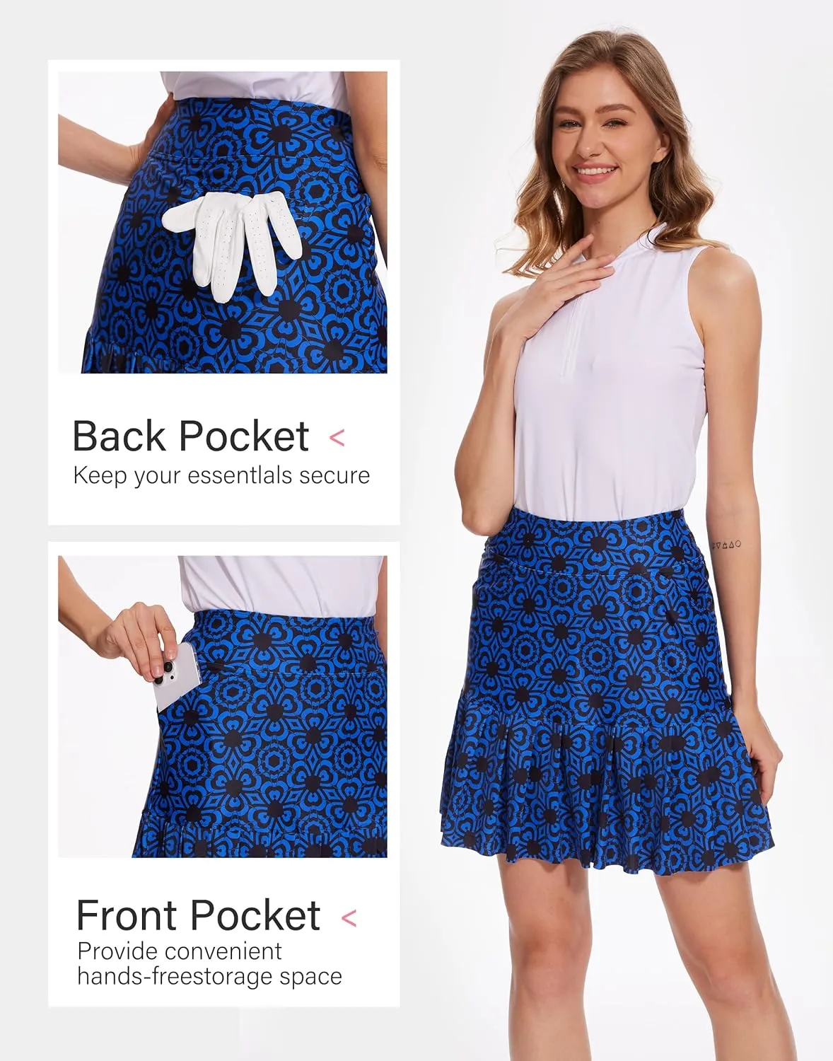 M MOTEEPI 19" Golf Skirts for Women Knee Length Ruffle Hem Skirt Tennis Skirt Athletic Skort for Workout Running
