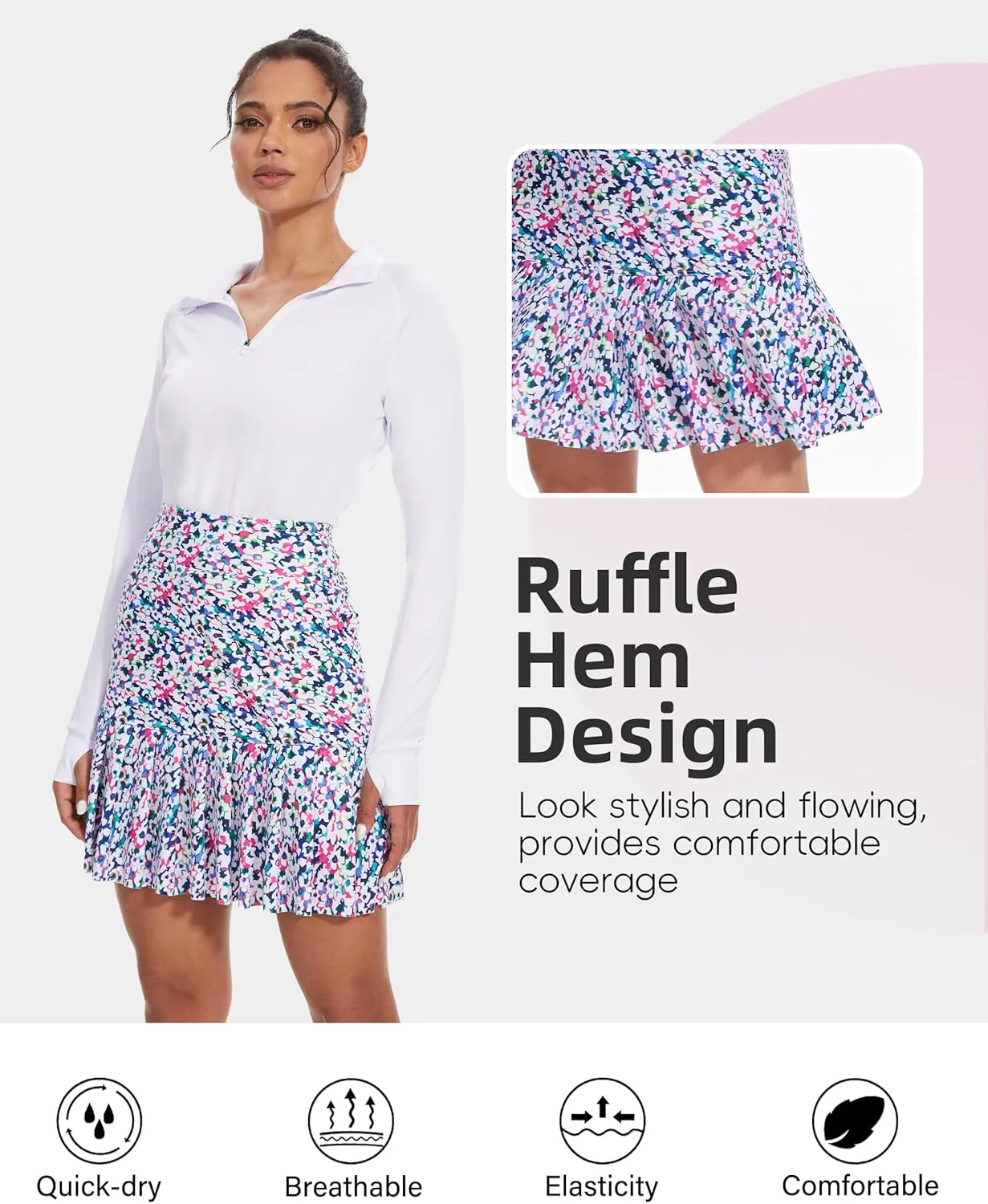 M MOTEEPI 19" Golf Skirts for Women Knee Length Ruffle Hem Skirt Tennis Skirt Athletic Skort for Workout Running