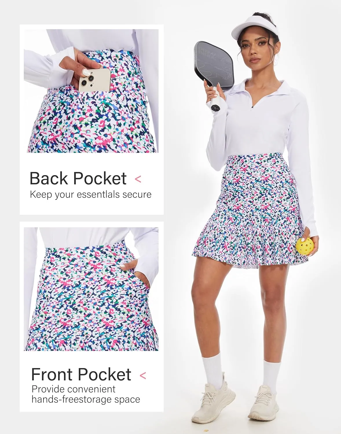 M MOTEEPI 19" Golf Skirts for Women Knee Length Ruffle Hem Skirt Tennis Skirt Athletic Skort for Workout Running