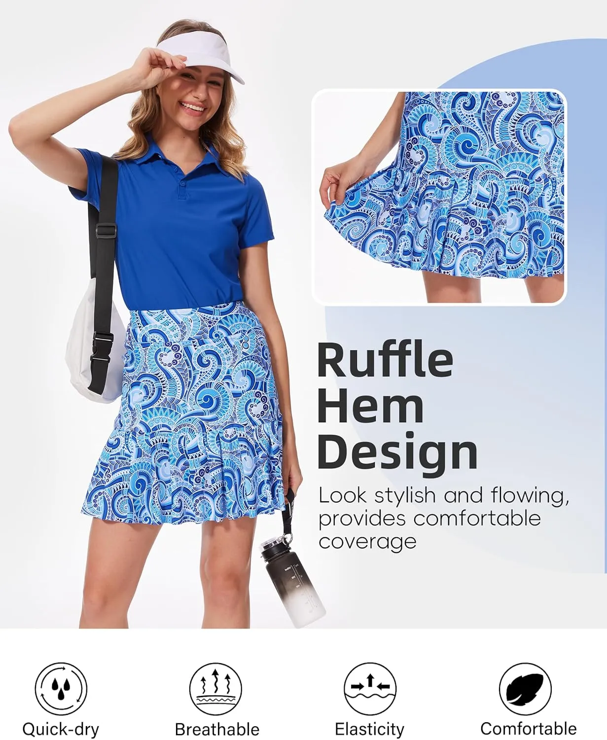 M MOTEEPI 19" Golf Skirts for Women Knee Length Ruffle Hem Skirt Tennis Skirt Athletic Skort for Workout Running