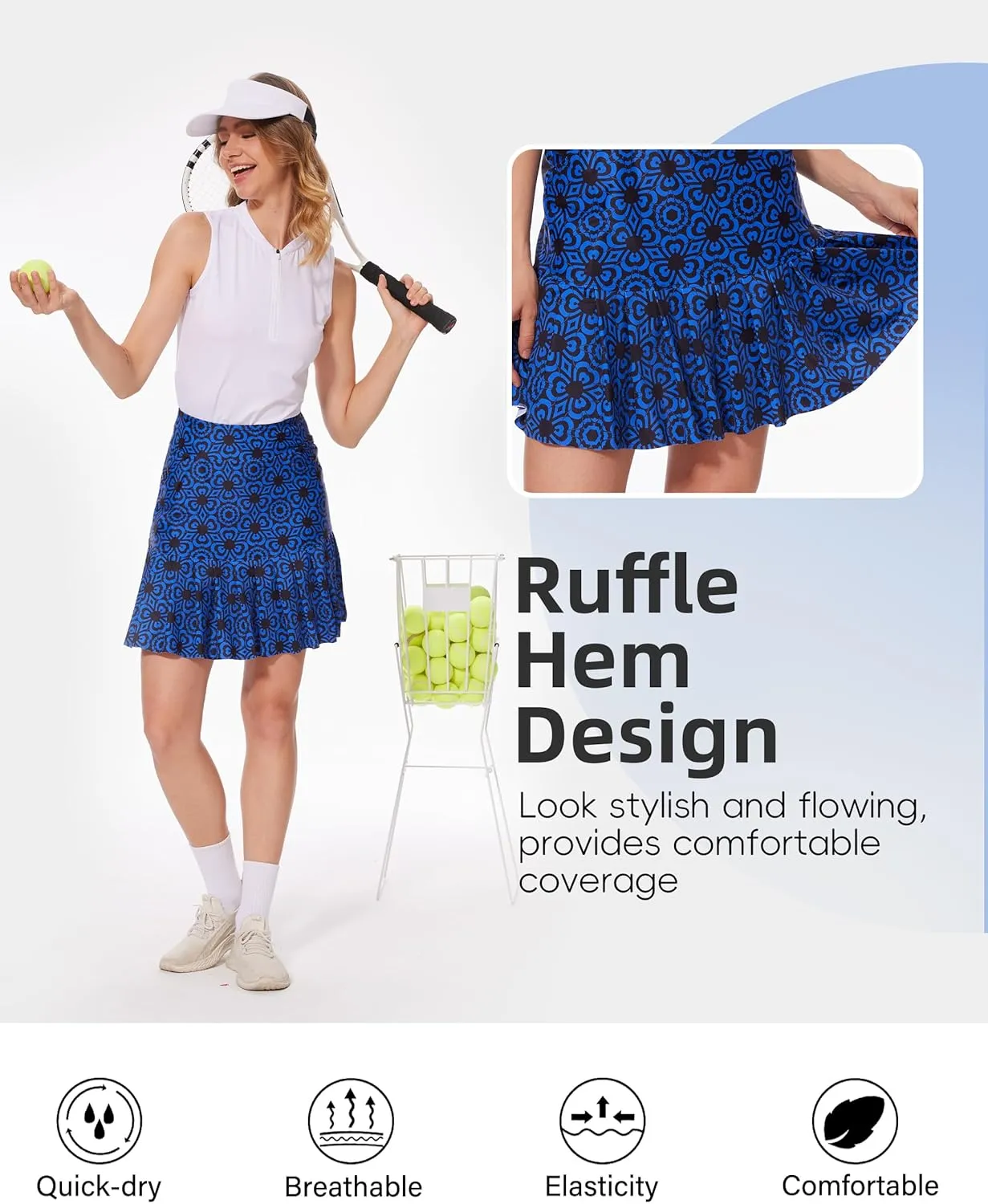 M MOTEEPI 19" Golf Skirts for Women Knee Length Ruffle Hem Skirt Tennis Skirt Athletic Skort for Workout Running
