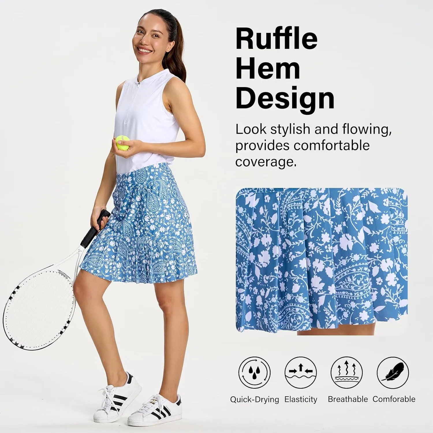 M MOTEEPI 19" Golf Skirts for Women Knee Length Ruffle Hem Skirt Tennis Skirt Athletic Skort for Workout Running