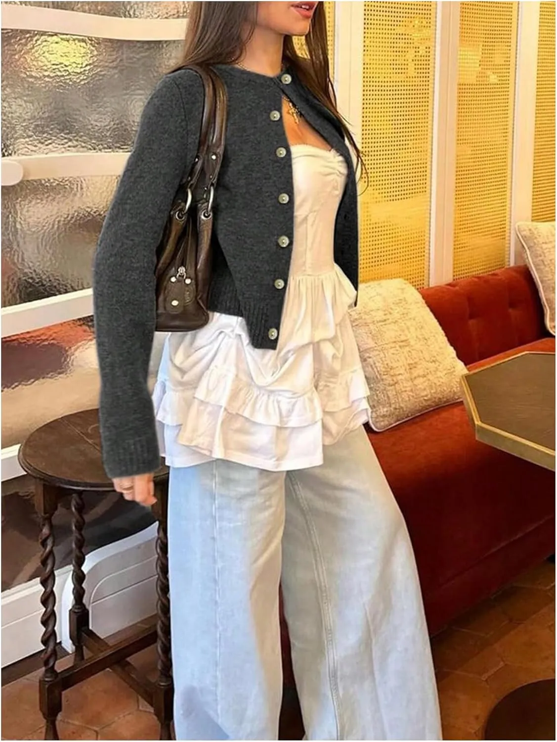 MakeMeChic Women's Button Down Cropped Cardigan Sweater Long Sleeve Knitted Pullover Top