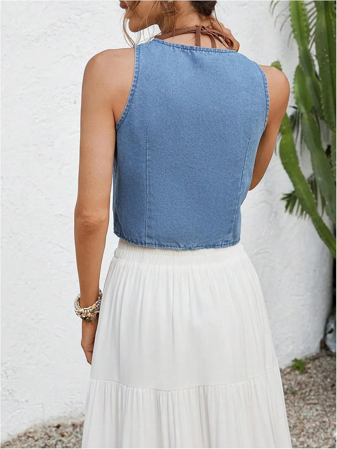 MakeMeChic Women's Denim Vest Floral Embroidery Tie Front Sleeveless Cowgirl Crop Tops