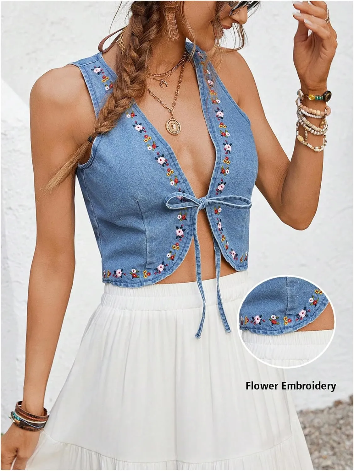 MakeMeChic Women's Denim Vest Floral Embroidery Tie Front Sleeveless Cowgirl Crop Tops
