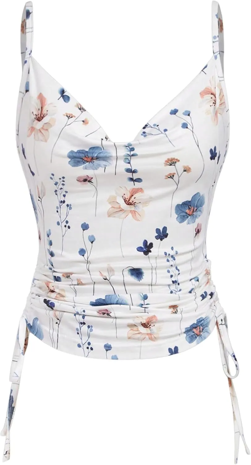 MakeMeChic Women's Floral Camisole Draped Front Cami Top Ruched Drawstring Side Fitted Tank Tops