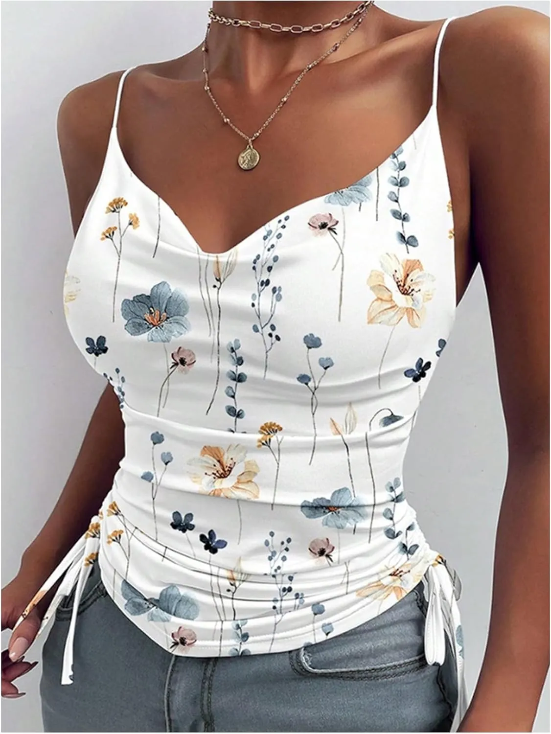 MakeMeChic Women's Floral Camisole Draped Front Cami Top Ruched Drawstring Side Fitted Tank Tops