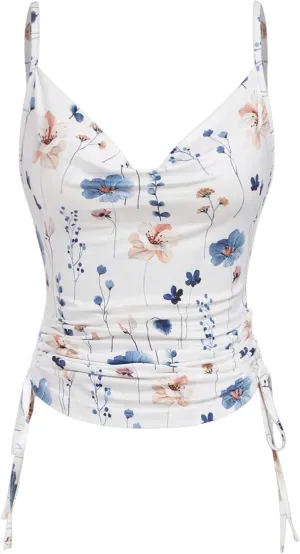 MakeMeChic Women's Floral Camisole Draped Front Cami Top Ruched Drawstring Side Fitted Tank Tops