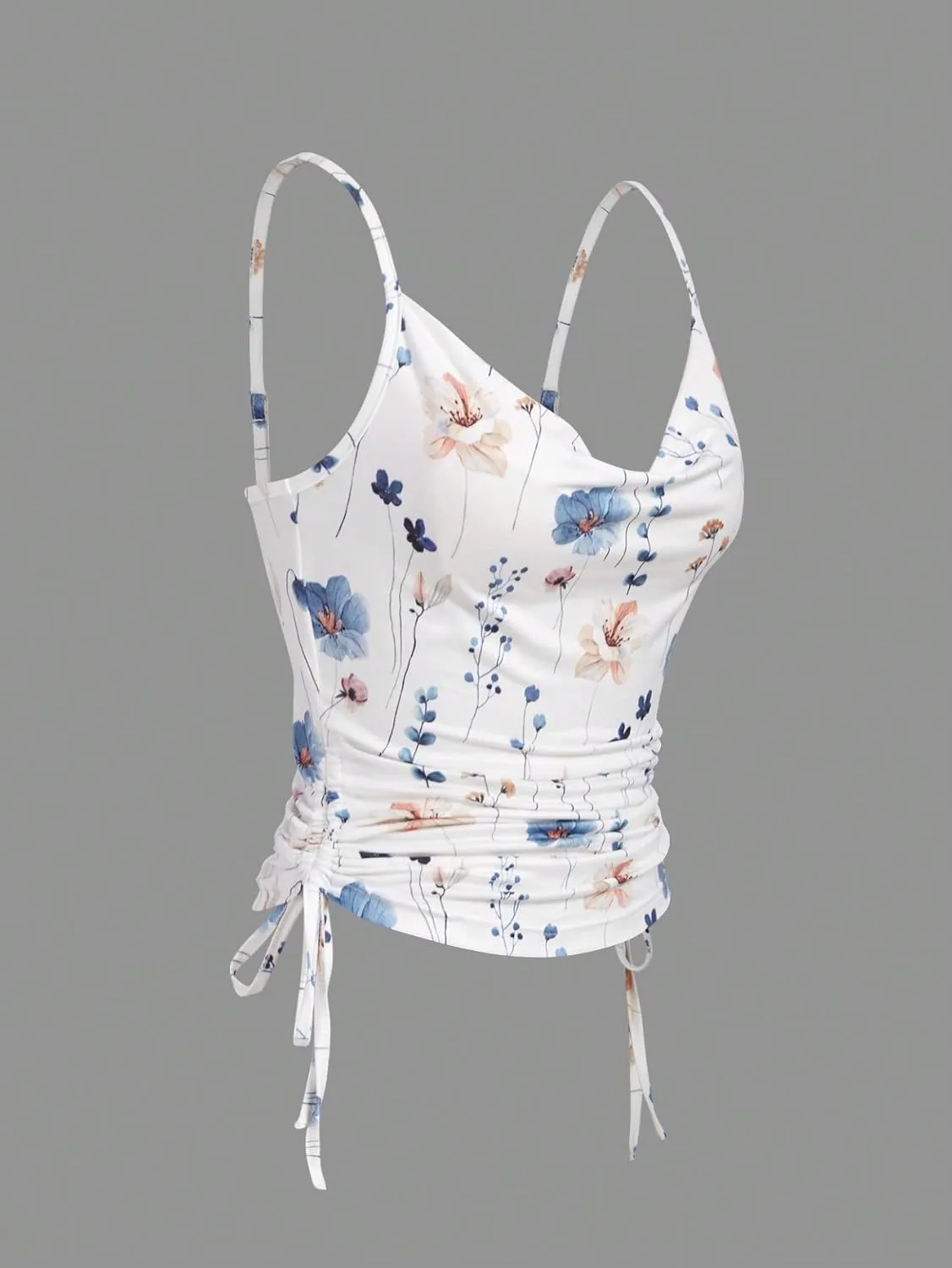MakeMeChic Women's Floral Camisole Draped Front Cami Top Ruched Drawstring Side Fitted Tank Tops