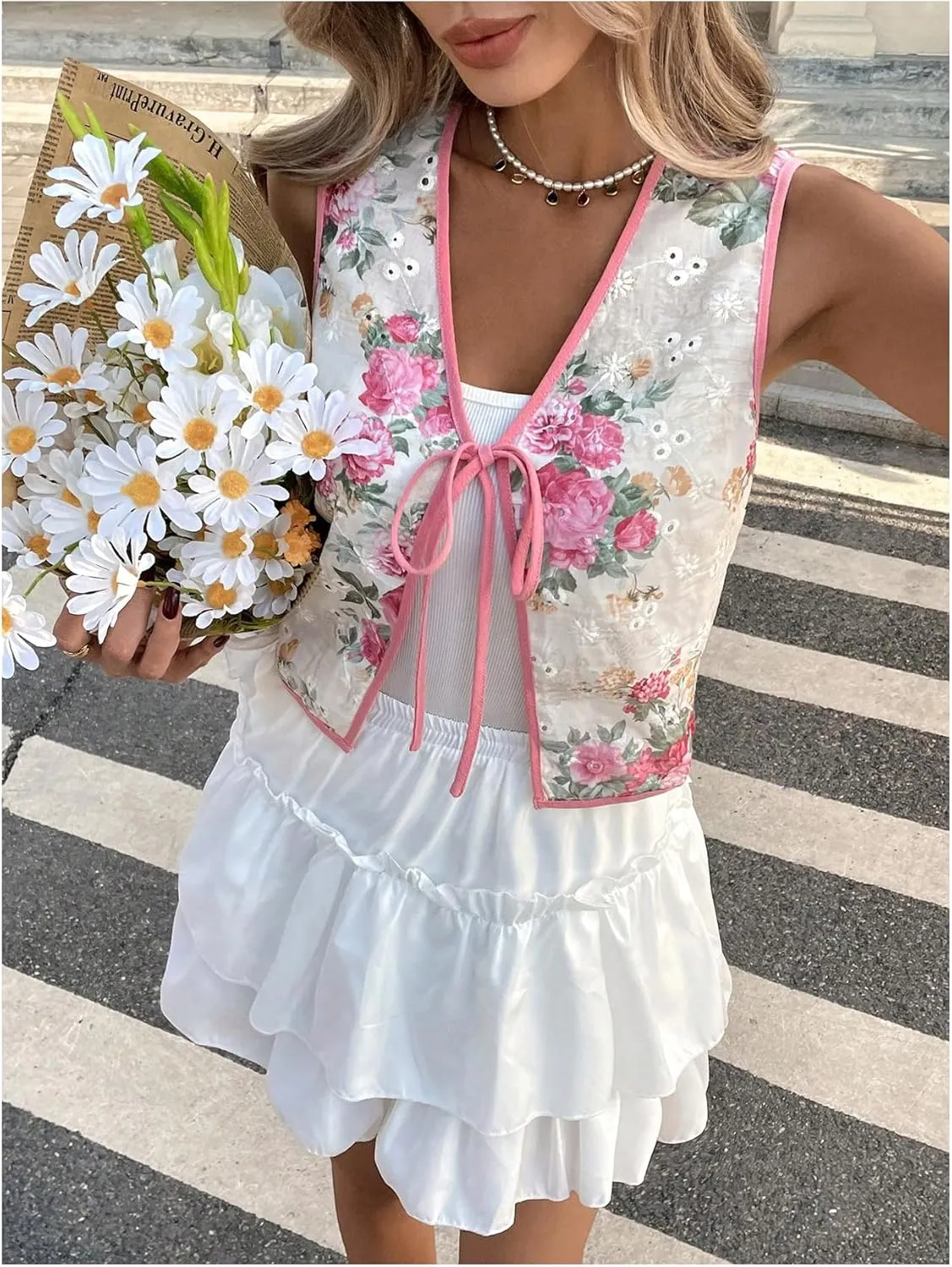 MakeMeChic Women's Floral Eyelet Embroidery Vest Tie Front Sleeveless Crop Tops