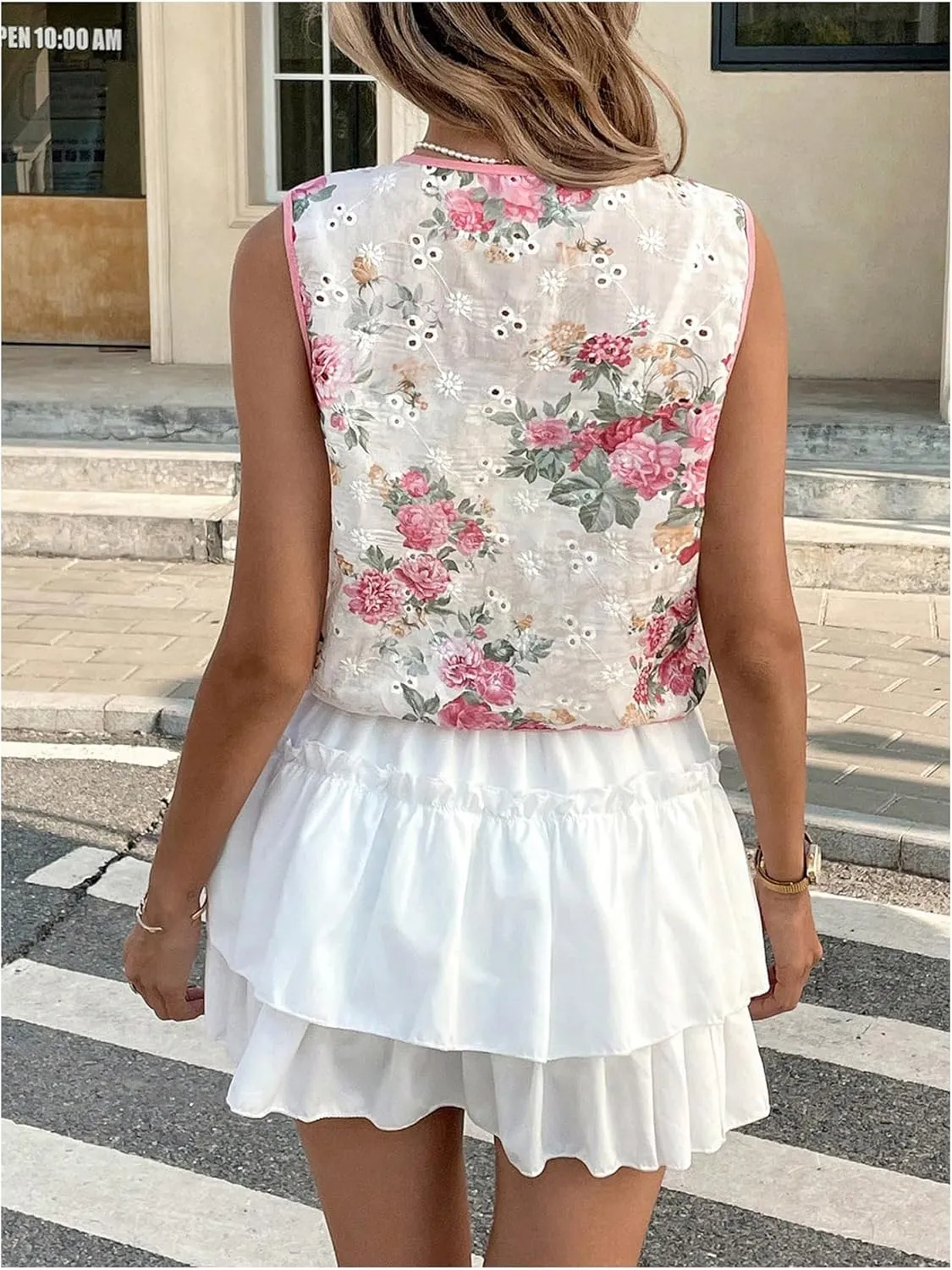 MakeMeChic Women's Floral Eyelet Embroidery Vest Tie Front Sleeveless Crop Tops