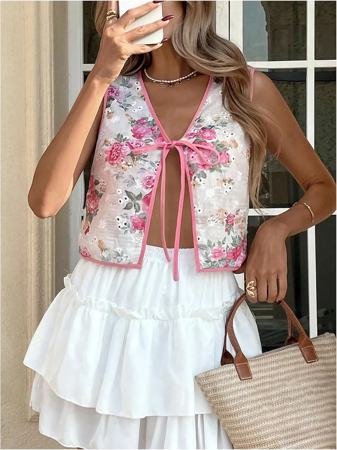 MakeMeChic Women's Floral Eyelet Embroidery Vest Tie Front Sleeveless Crop Tops